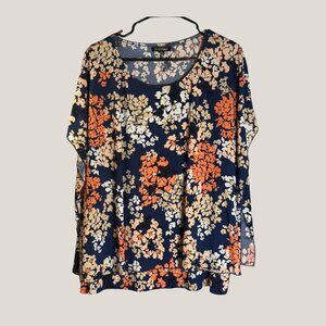 Roz & Ali /Dressbarn 2X Plus Size Navy Blue Orange Floral Tunic Top Blouse Flowy
